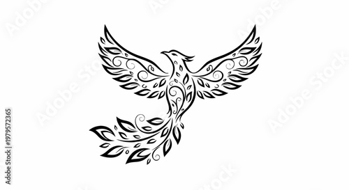 Powerful black tribal eagle tattoo vector illustration featuring a majestic flying bird silhouette with spread wings and feathers designed as a freedom symbol for a nature logo set