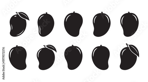 Collection of dark mango fruit silhouettes with leaves on white background