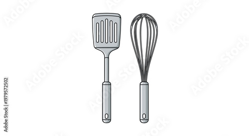 Kitchen utensils illustration featuring a stainless steel slotted spatula and a wire whisk for cooking and baking projects.