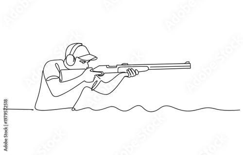 Single line drawing of a person aiming a shotgun with clay pigeon trap shooting line art continuous shooting outdoors activity recreation competition training practice ammunition