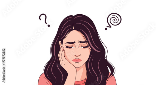 Young woman looking confused and worried with question marks and a swirl symbol around her head, representing mental stress.