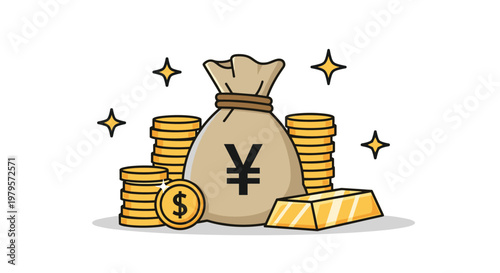 Financial wealth and savings represented by a large sack of yen currency alongside several gold bars and stacks of golden coins.