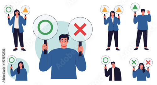 Diverse set of people holding circular signs with green check marks, red crosses, and orange triangles for feedback.