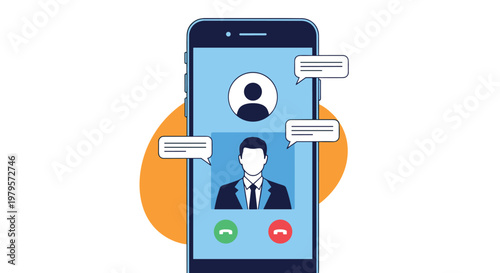 Mobile phone screen displaying a video conference call with a businessman avatar and floating speech bubbles.