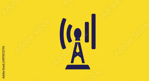 Simple purple icon of a radio or cellular signal tower broadcasting waves on a bright yellow background for communication concepts.
