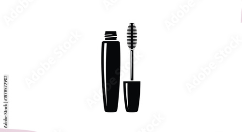 Black and white silhouette icon of a makeup mascara container and its application brush on a plain light background for beauty.