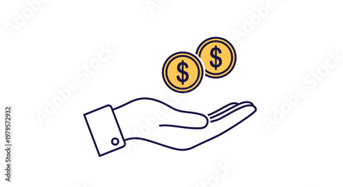 Line art icon of an open palm hand catching two falling golden dollar coins to represent financial earnings or monthly saving.