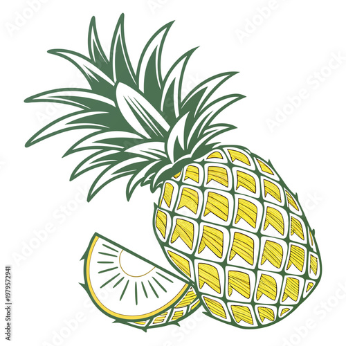 A pineapple and a slice on a white background