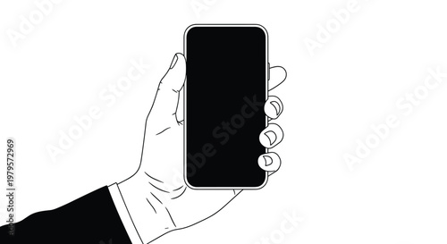 Hand drawn black and white illustration of a hand holding a modern smartphone with a blank black screen for technology mockups.