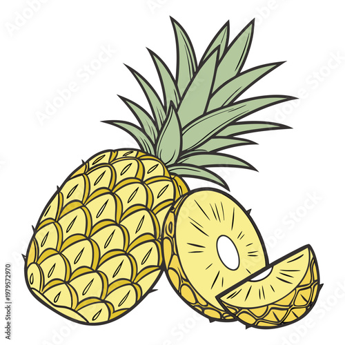 A cartoon illustration of a whole pineapple and a sliced one
