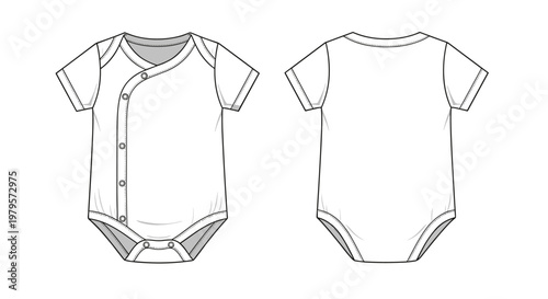 Flat fashion technical sketch of a baby onesie showing front and back views with snap button details for manufacture.