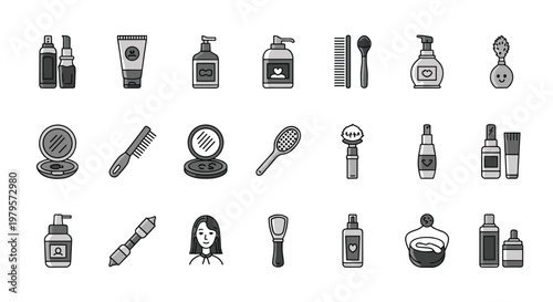 Set of diverse makeup and beauty product icons including brushes, lotions, mirrors, and sprays in monochrome style.