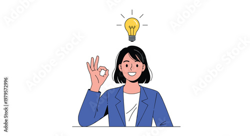 Smiling woman making an okay hand sign with a glowing lightbulb above her head to represent a brilliant idea.