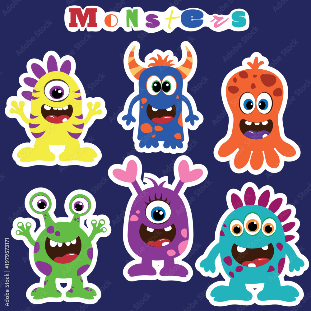 Obraz premium Cute cartoon monster stickers set, colorful funny characters, kids clipart collection, flat design