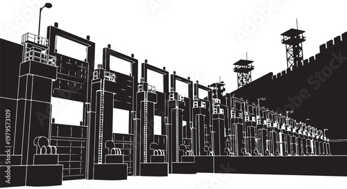 Prison, jail, cell block, architecture, blueprint, black and white, vector illustration, security, law enforcement, corrections