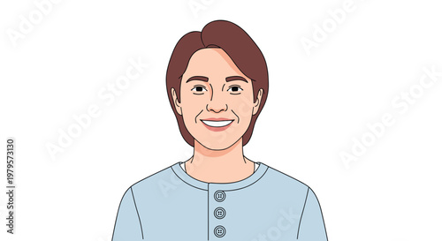 Close up portrait of a middle aged woman with short brown hair and a friendly smile wearing a light blue top.
