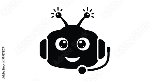 Black silhouette icon of a friendly robot head wearing a headset to represent artificial intelligence customer service.