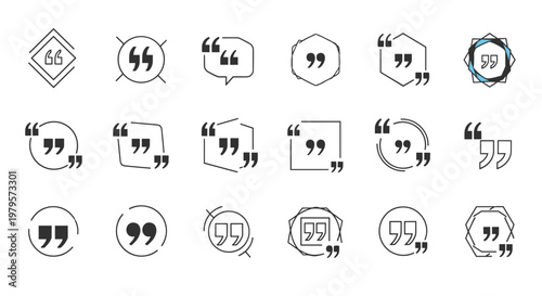 Collection of various quote mark icons and speech bubble frames in different geometric shapes and styles for text display.