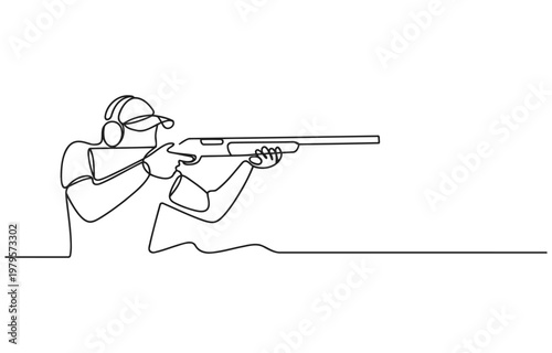 Single line drawing of a person aiming a shotgun with clay pigeon trap shooting line art continuous shooting outdoors activity recreation competition training practice ammunition