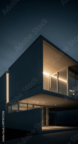 Modern architectural design illuminated at dusk, minimalist aesthetic.