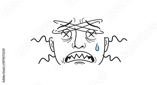 Dazed cartoon face with crossed eyes and wavy lines representing dizziness, sickness, or feeling unwell with a headache.