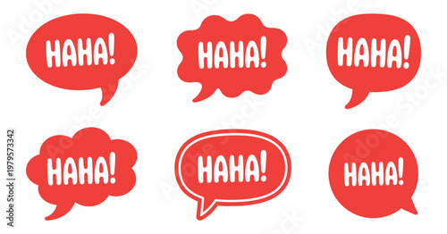 Red haha comic speech bubble set, funny laughter chat balloons, pop art style message icons vector illustration, isolated design, expressive social media reaction symbols, modern comic communication e