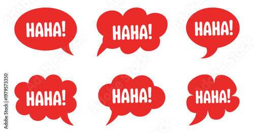 Red haha comic speech bubble set, funny laughter chat balloons, pop art style message icons vector illustration, isolated design, expressive social media reaction symbols, modern comic communication e