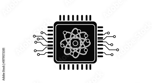Central processing unit chip icon with atom symbol and electronic circuit lines in black and white style for technology.