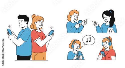 Group of young people using their smartphones for social media, music, and communication in various poses and activities.