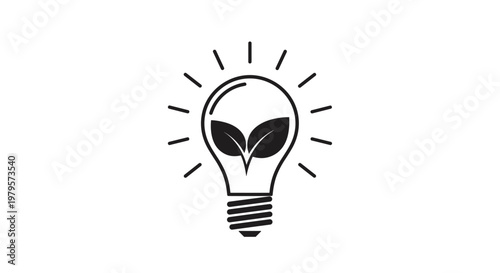 Energy efficient light bulb icon with green leaves inside representing ecological sustainability and renewable power source.
