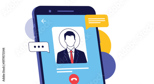 Incoming call interface on a smartphone screen showing a businessman avatar and speech bubble icons for communication.