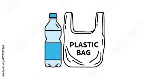 Plastic water bottle next to a plastic bag representing environmental waste, pollution, and single-use packaging issues.