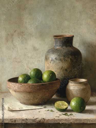 Vintage Lime Still Life with Antique Pottery in Muted Tones