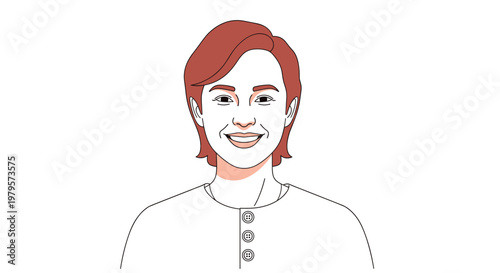 Simple line art portrait of a smiling woman with reddish hair wearing a white button-up shirt and friendly expression.