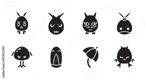 Collection of eight unique abstract monster icons with simple shapes and expressions on a white background