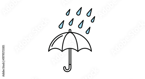Blue raindrops falling on an open umbrella icon representing weather protection, rainy day concepts, and staying dry.