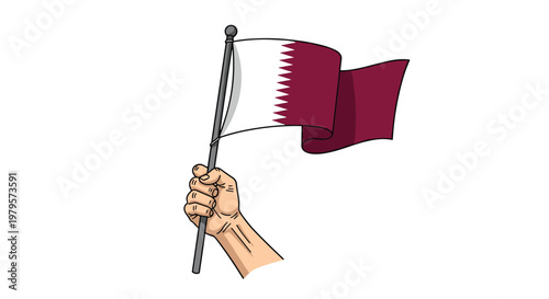 Hand holding the national flag of Qatar on a pole representing patriotism, sports, victory, or national identity pride.