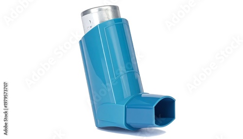 Blue Inhaler for Asthma Treatment on White Background.