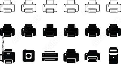 Collection of professional printer icons featuring outline and solid silhouette styles for office equipment, document printing hardware, graphic design projects, and digital technology 