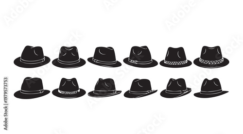 Collection of fedora hats displayed in two rows against a white background