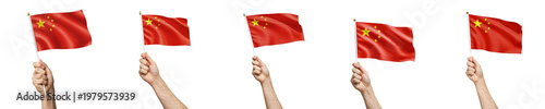 Photography Hand holding China flag set isolated on white background, realistic 3D collection of waving Chinese national flags for sports, patriotism, tourism, and Asian travel concepts, set