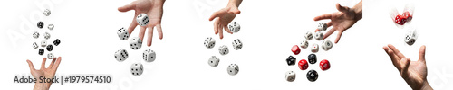 Foto Hand throwing and catching falling dice set isolated on white background, realistic 3D gaming cubes for gambling, board games, luck, and risk concepts, high quality illustration set