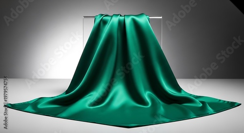 Emerald green silk fabric draped over a rectangular frame against a gray background