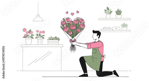 Man giving heart-shaped bouquet of roses, romantic gesture, love and affection illustration