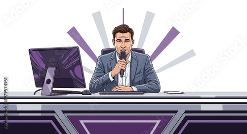 Man Hosting a Show Cartoon Illustration with Modern Tech on Stage at Desk