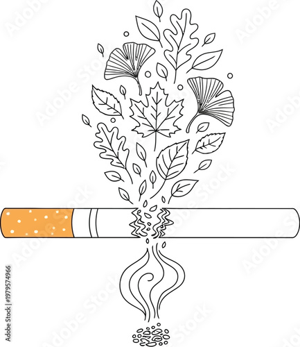 Cigarette transforming into various forest leaves representing the concept of quitting smoking for a healthier and natural organic lifestyle choice