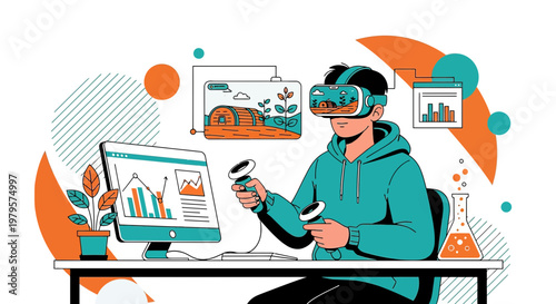 Man immerses in virtual reality environment interacting with data and simulations at desk