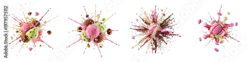 Fotografi Colorful ice cream scoop splash set isolated on white background, realistic 3D collection of fruit and chocolate ice cream balls with liquid milk and syrup explosion, creative set