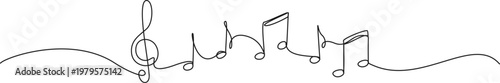 continuous line drawing of musical notes and treble clef, abstract sheet music line art vector illustration