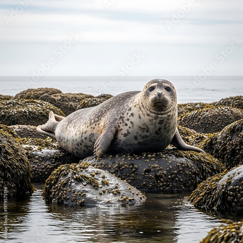 Harbor Seal Posing on Rocks by the Ocean in Washington State.